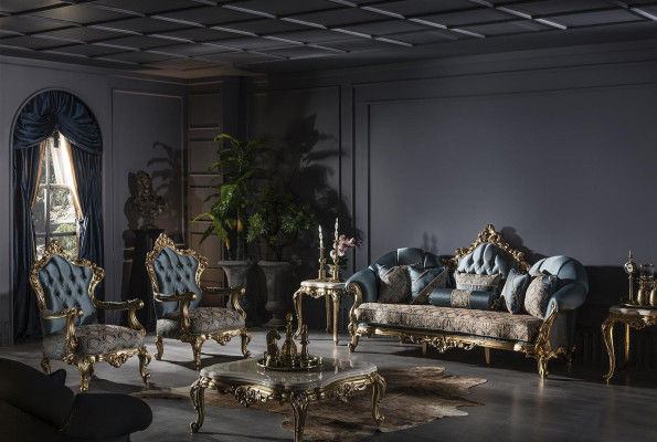 Sillón azul, elegante salón tapizado en tela, diseño clásico de lujo, hermoso y nuevo.