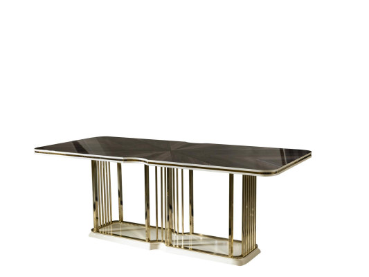 Mesa de comedor marrón. Mesas de lujo. Mesa de comedor de metal estilo elegante y moderno.
