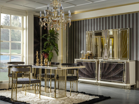 Mesa de comedor marrón. Mesas de lujo. Mesa de comedor de metal estilo elegante y moderno.
