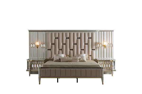 Cama beige de metal. Muebles de diseño elegante. Muebles de dormitorio de lujo nuevos.