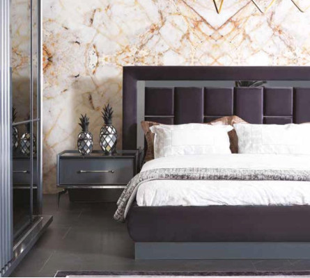Modern set de dormitorio gris Cama 2x Mesita de noche Armario Cómoda 5 piezas.