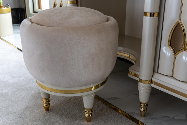 Taburete redondo beige con cojín redondo para banco, reposapiés, banqueta para dormitorio.