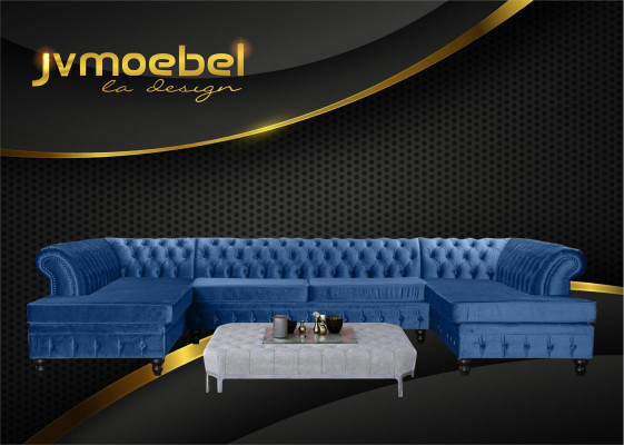 Sofá de esquina moderno de lujo en forma de U Chesterfield y mesa de centro de tela para la sala de estar