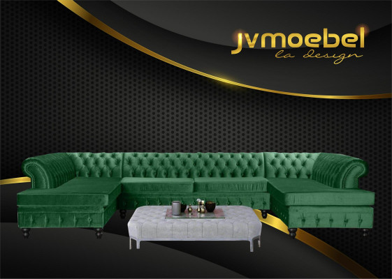 Sofá de esquina moderno de lujo en forma de U Chesterfield y mesa de centro de tela para la sala de estar