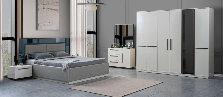 Cama + 2 mesitas de noche conjunto de 5 piezas. Dormitorio de diseñador de lujo muebles modernos.