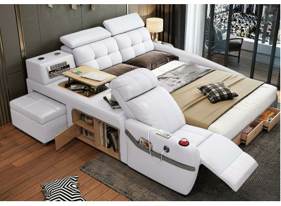 Cama de masaje multifunción con estantes USB tapizados en cuero de lujo.