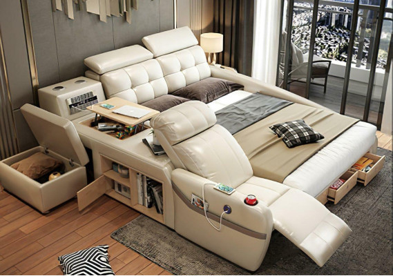 Cama de masaje multifunción con estantes USB tapizados en cuero de lujo.