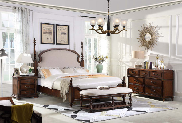 Estilo fundacional Dormitorio Muebles de madera real Juego completo de 5 piezas Cama Mesa