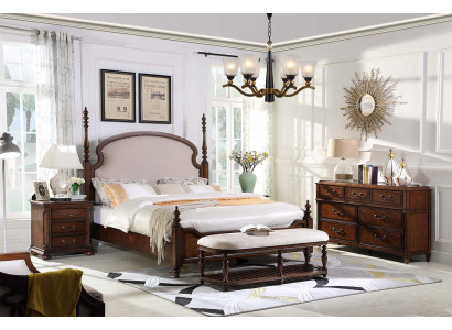 Estilo fundacional Dormitorio Muebles de madera real Juego completo de 5 piezas Cama Mesa