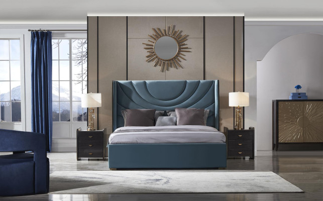 Cama doble hermosa con cabecero acolchado de estilo moderno.