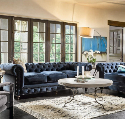 Chesterfield sofá conjunto de tapizado de sofá de tela de cuero de sofá.