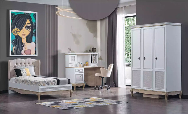 Cama de madera Diseño de dormitorio Muebles de lujo Habitación juvenil Blanco Clásico