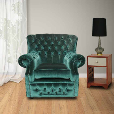 Chesterfield Terciopelo Verde Butaca de Orejas de 1 Plaza Sofá Sillón Sofá Sillón de TV Nuevo
