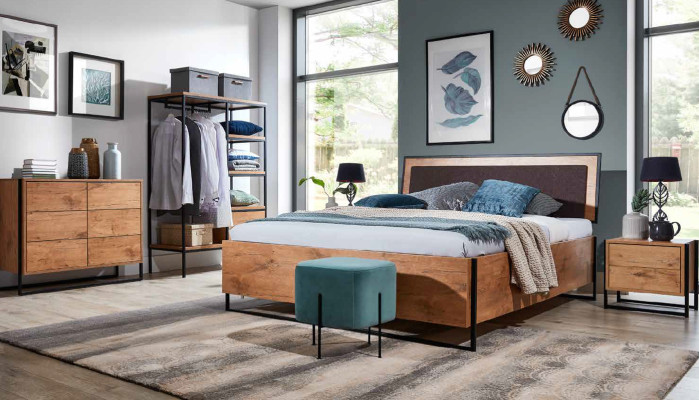 5 piezas. Conjunto completo de dormitorio de madera con diseño de estilo loft cama cómoda armario