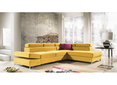 Sofá esquinero de tela con forma de L con función de cama, diseño de sofá acolchado de tela moderno en amarillo.