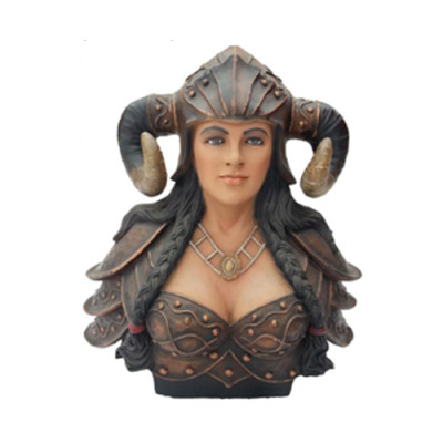 Busto de un guerrero con un casco con cuernos Estatua de figuras de estatuas vikingas.