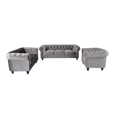 Sofá Chesterfield de tela y cuero, de 3 plazas.