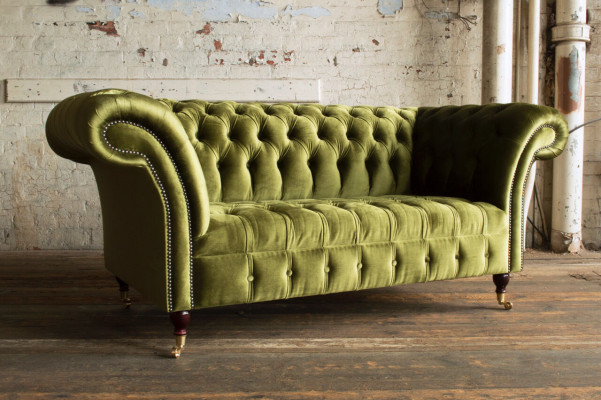 Sofá clásico de 2 plazas Chesterfield, tela de terciopelo con cristales verdes, nuevo.