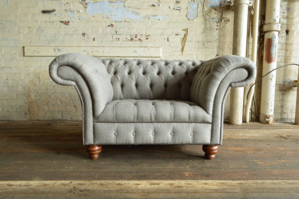 Chesterfield Diseño Tela Sofá Sillón 1.5 Plazas Sofás Acolchados Lounge Gris Terciopelo