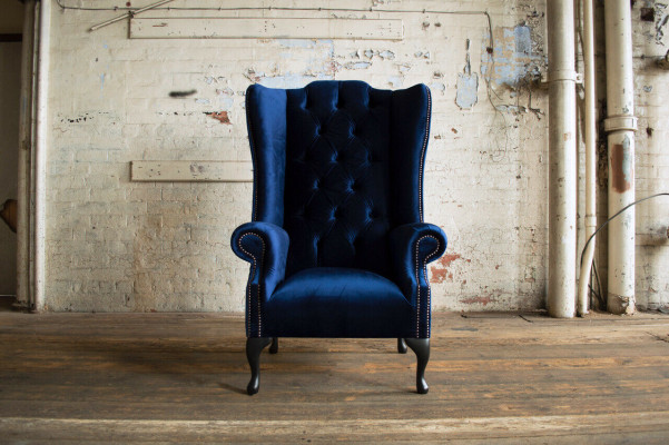 Chesterfield sillón de orejas sillón sofá relax tapizado sofá de diseño Royal Azul.