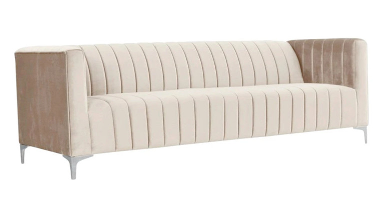 Beige sofá de tres plazas de diseño de sala de estar de tela, sofás y sofás de terciopelo beige.