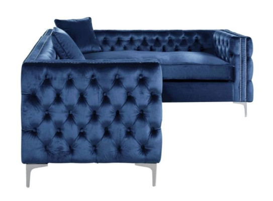 Sofá esquinero azul Chesterfield, sofá de esquina acolchado de terciopelo en tela de diseño de muebles de esquina.
