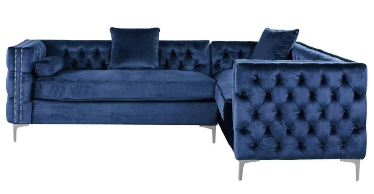Sofá esquinero azul Chesterfield, sofá de esquina acolchado de terciopelo en tela de diseño de muebles de esquina.