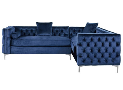 Sofá esquinero azul Chesterfield, sofá de esquina acolchado de terciopelo en tela de diseño de muebles de esquina.