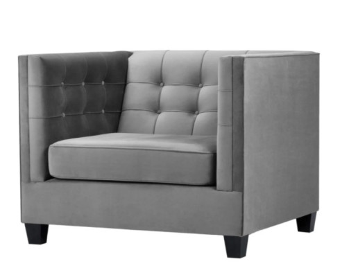 Sillón Chesterfield de tela gris nuevo de estilo moderno para la sala de estar.
