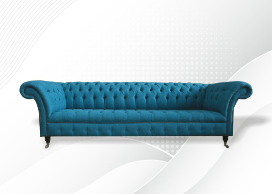 Sofá grande Chesterfield azul XXL 265 cm, Sofás tapizados de tela de terciopelo de 4 plazas