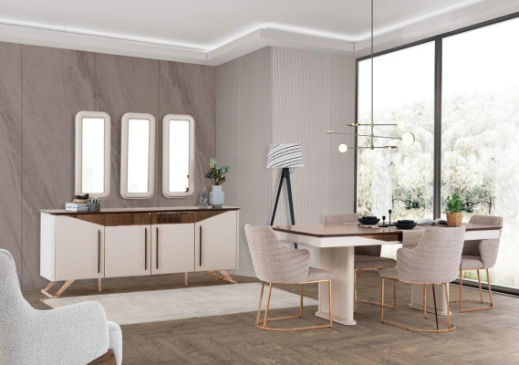 Grupo de comedor, comedor, esquina de comida, mesa de comedor, sillas, aparador, madera, beige, juego de 8 piezas.