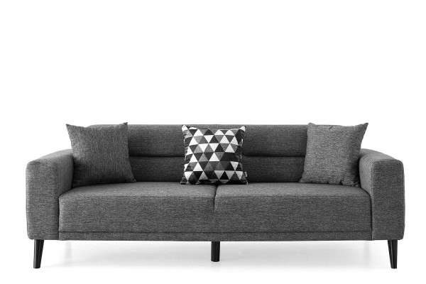 Sofá tapizado gris moderno de tres plazas en tela para muebles de salón.