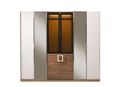 Armario de madera beige con LED, muebles de dormitorio armario con espejo.