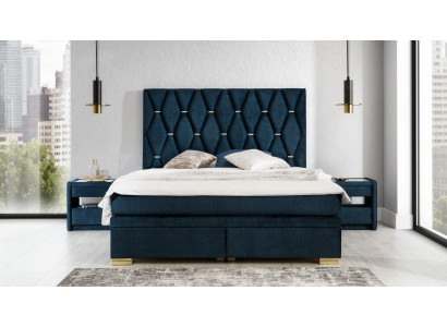 Azul conjunto textil de dormitorio, Mesitas de noche elegantes, Cama de acero inoxidable de 3 piezas.