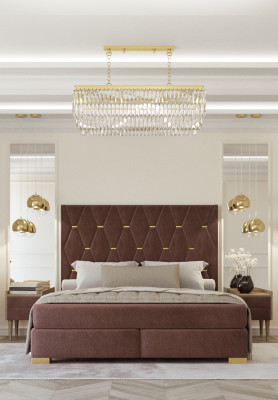 Gran cama de acero inoxidable marrón, conjunto de 3 piezas de camas dobles de diseñador.