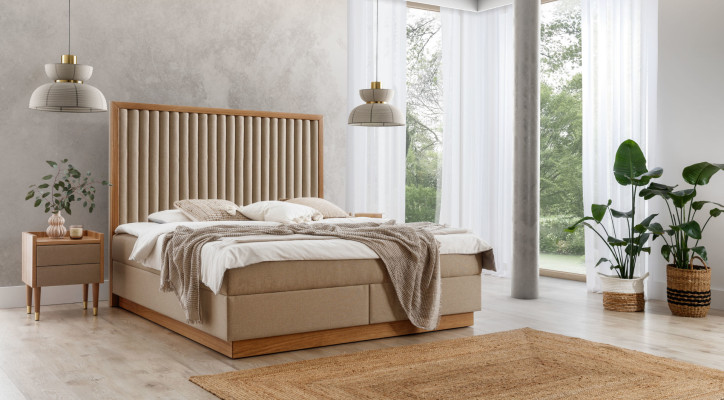 Dormitorio beige Cama doble 2 mesitas de noche de lujo Muebles de madera noble de 3 piezas