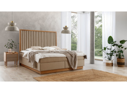 Dormitorio beige Cama doble 2 mesitas de noche de lujo Muebles de madera noble de 3 piezas