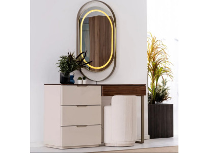 Tocador beige con espejo, mesa de maquillaje para dormitorio, set de lujo de 2 piezas.