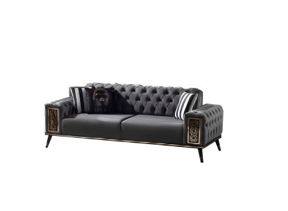 Chesterfield Tres plazas en negro y dorado, mueble de lujo para la sala de estar.