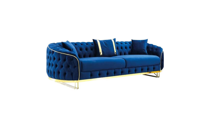 Sofá azul Chesterfield, diseñador de sala de estar, tres plazas, muebles de acero inoxidable.