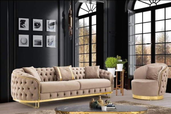 Conjunto de sala de estar de diseñador con sofá de 3 plazas y sillón en color beige, nuevo.