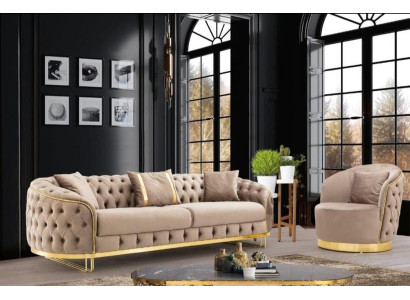 Conjunto de sala de estar de diseñador con sofá de 3 plazas y sillón en color beige, nuevo.