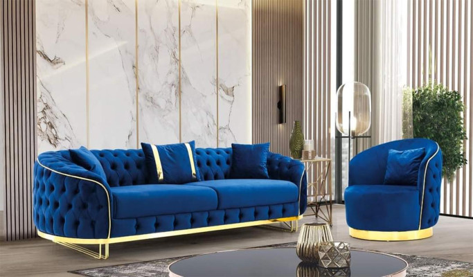 Conjunto de sala de estar de color azul diseñador de 3 plazas y sillón de 2 piezas.