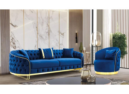 Conjunto de sala de estar de color azul diseñador de 3 plazas y sillón de 2 piezas.