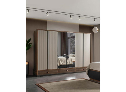 Armario de dormitorio beige, armario de madera de diseñador, muebles elegantes, nuevos.