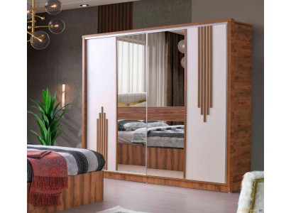 Armario rectangular de dos tonos en blanco y marrón, con un diseño moderno para el dormitorio.
