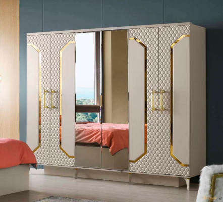 Armario beige moderno rectangular de diseño para habitación estilo monocromático con espejo.