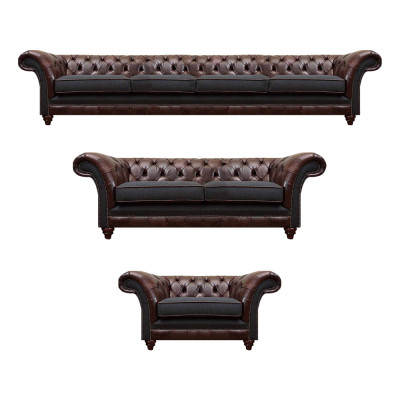 Sofás y sillones Chesterfield marrón-gris completos de 3 piezas para la sala de estar.