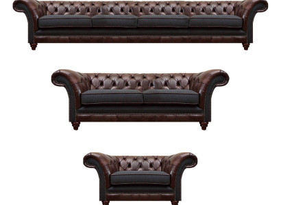 Sofás y sillones Chesterfield marrón-gris completos de 3 piezas para la sala de estar.
