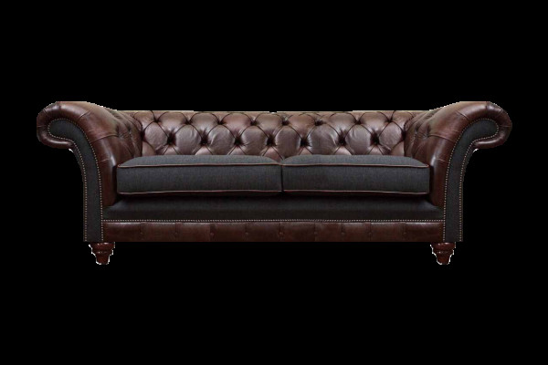 Sofás tapizados de dos plazas Chesterfield marrón-gris para la sala de estar.